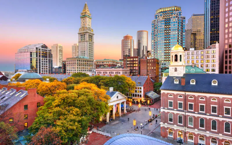 A view of Boston at sunset - New England in the Fall