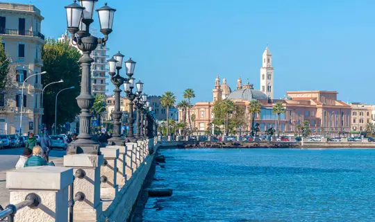 Panoramic view of Bari seafront in the background Basilica San Nicola. Apulia.
