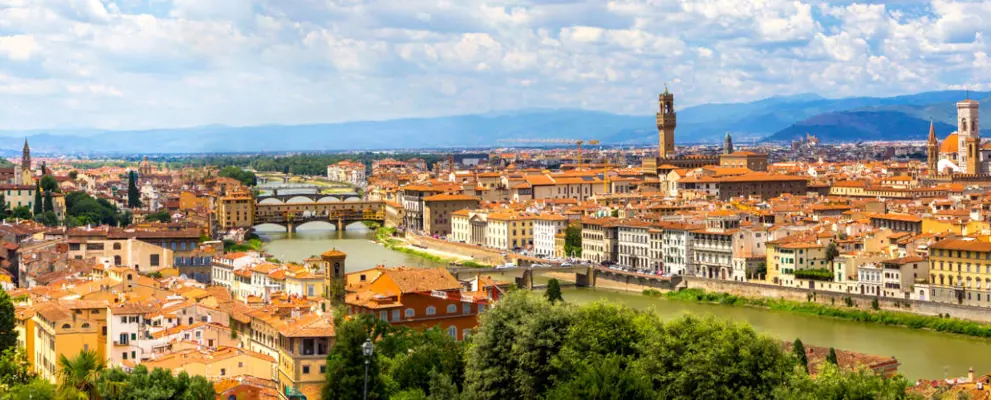 Panoramic view, aerial skyline of Florence Firenze on blue backdrop. Famous european travel destination. Beautiful architecture renaissance church. Summer landscape banner. Florence, Tuscany, Italy
