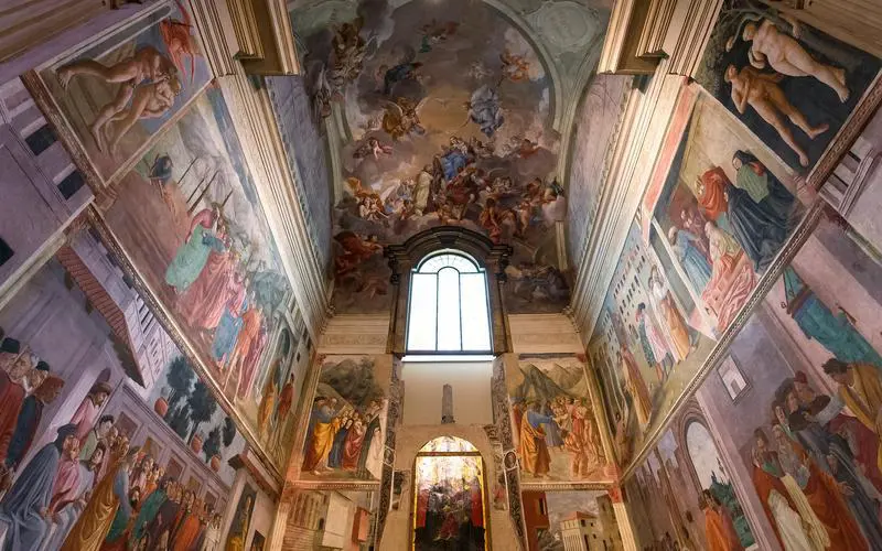 Interiors and architectural details of Brancacci chapel in Florence, Italy
