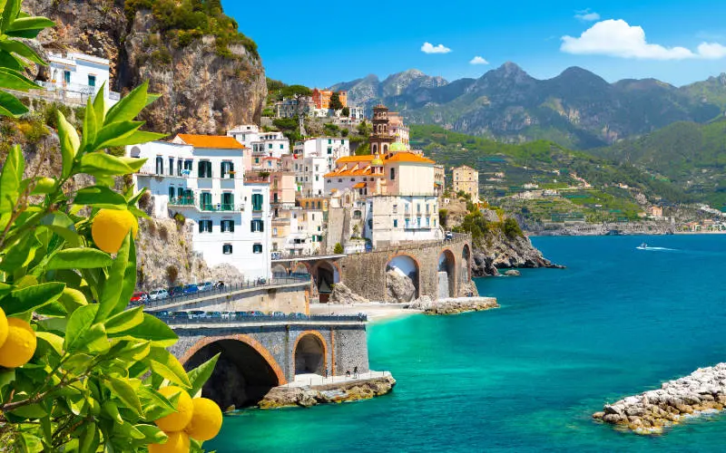 Beautiful view of Amalfi on the Mediterranean coast with lemons