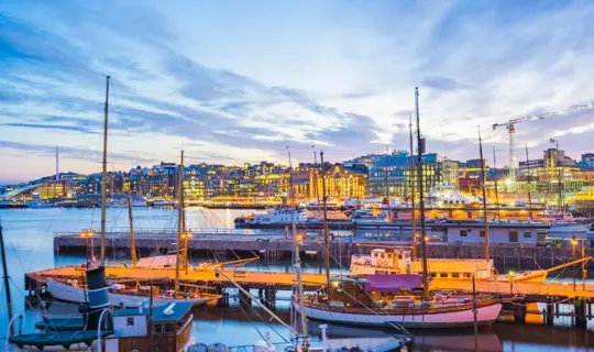 Oslo city, Oslo port with boats and yachts at twilight in Norway