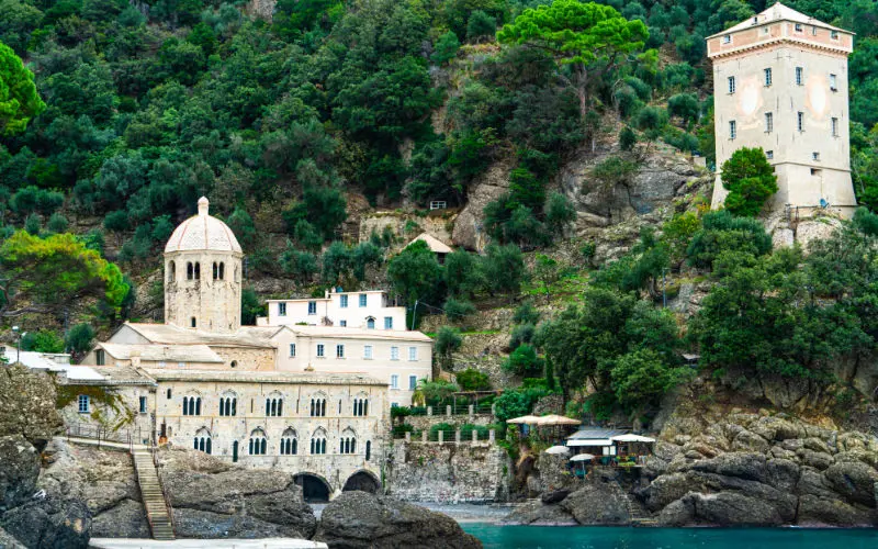 San Fruttuoso Abbey and Doria Tower on Ligurian Coast, Italy