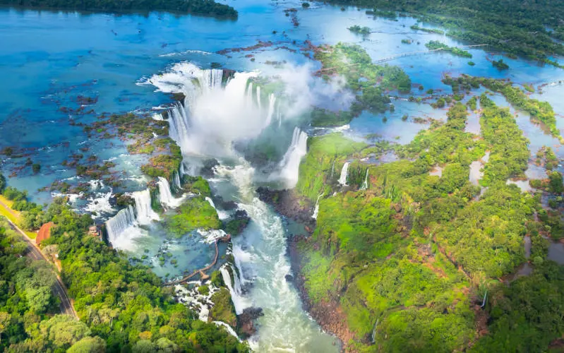 An aerial view of Iguazu Falls in Argentina and Brazil